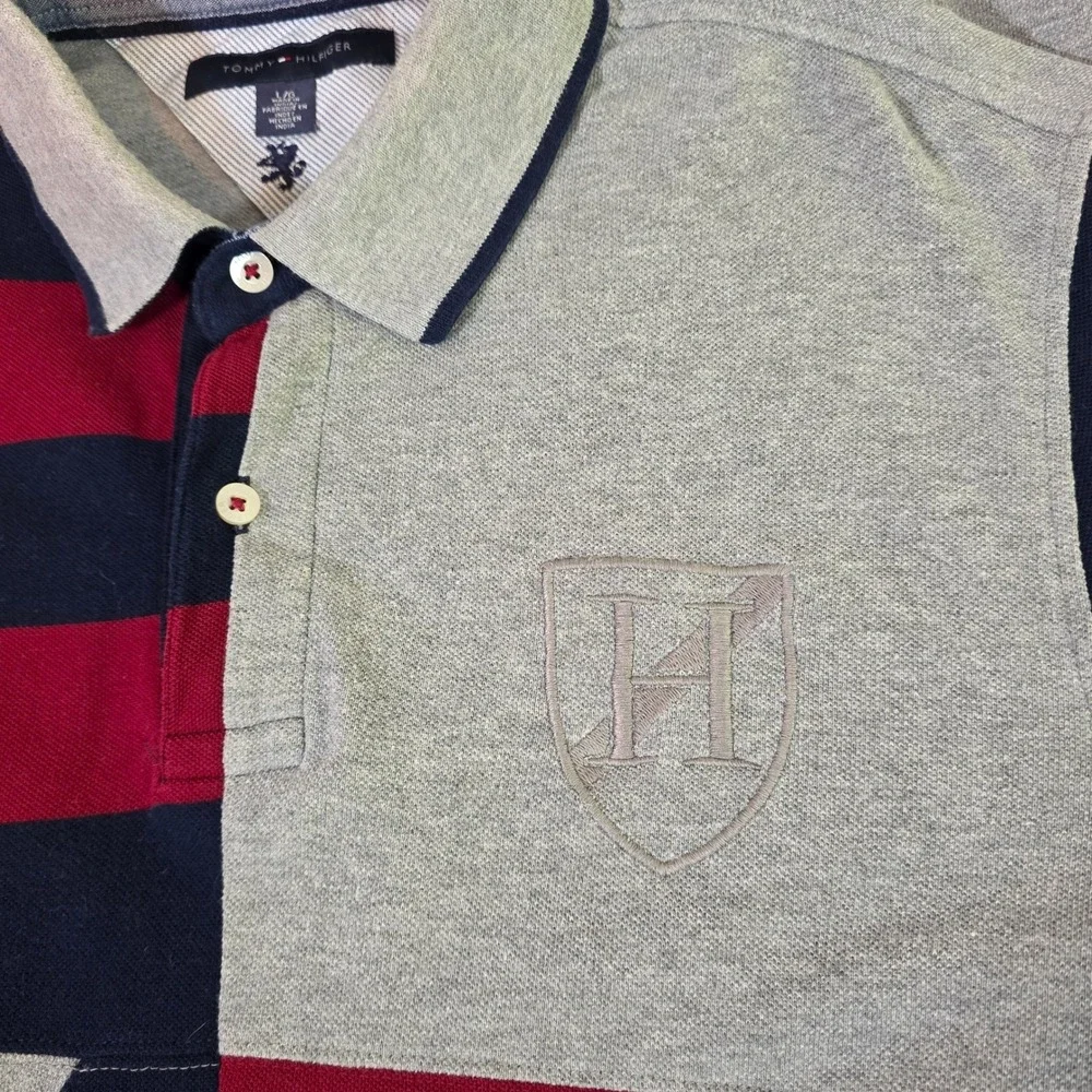 TOMMY HILFIGER Men's L‎ Gray Colorblock Rugby Polo 2010s Preppy Ivy Style